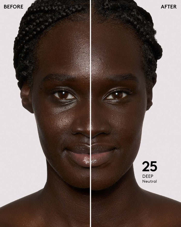 before and after of deep skin toned model in eaze drop stick
