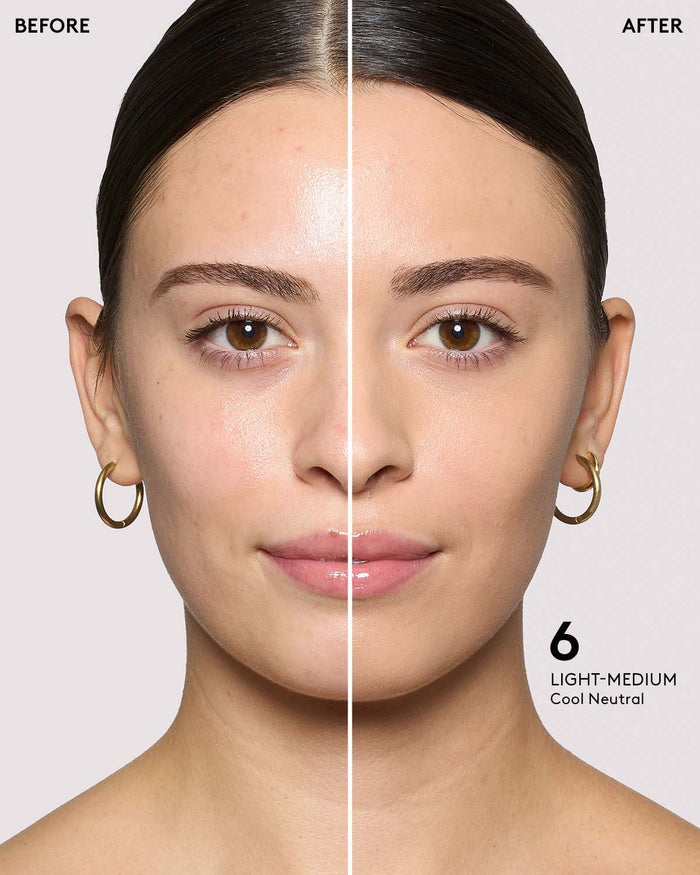before and after of light- medium skin toned model in eaze drop stick