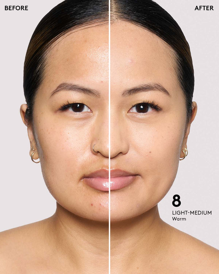 before and after of light- medium skin toned model in eaze drop stick