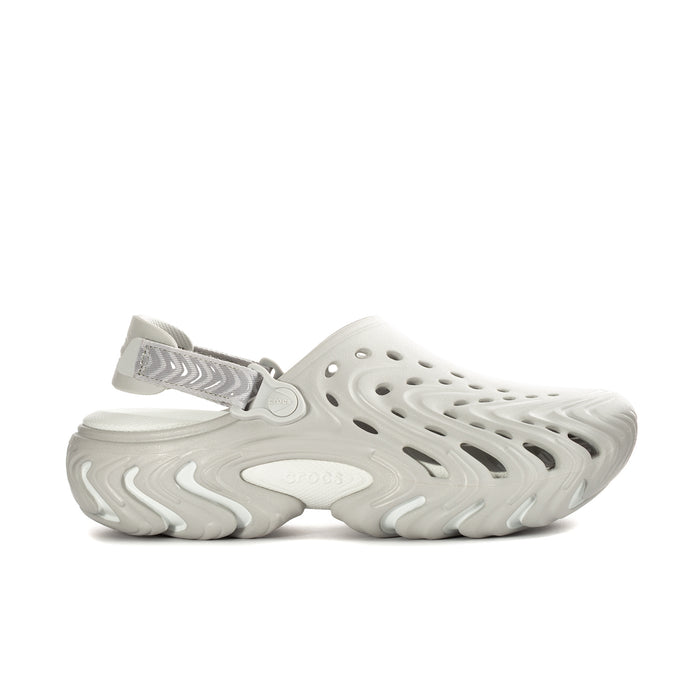Mens white slip-on clog with perforations, adjustable heel strap, and textured sole