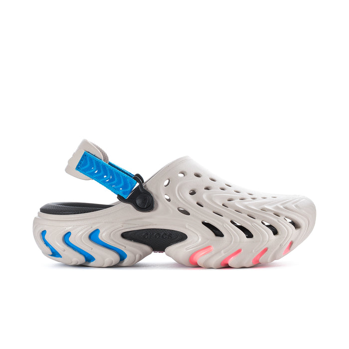 Men's white clogs with perforated top, blue heel strap, and patterned foam outsole