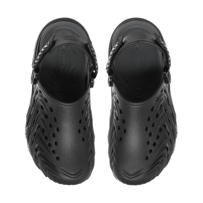 Men's black clogs with perforated uppers and adjustable strap, front view