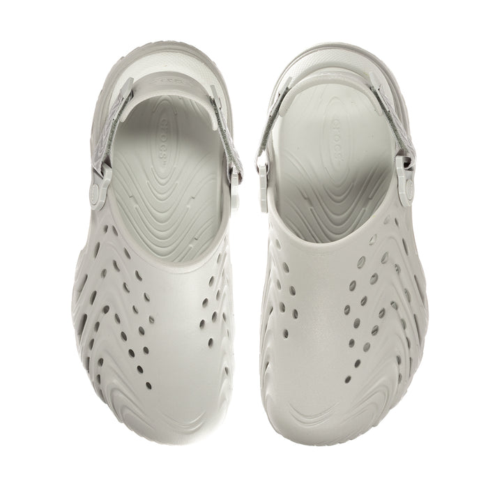 Mens white perforated clogs with adjustable heel straps and smooth interior