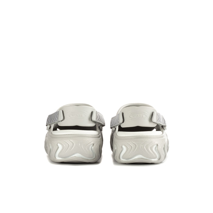 Mens white clogs shown from back, with adjustable heel strap and textured heel
