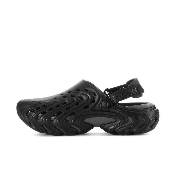 Men's black clog with perforated upper and adjustable side strap, side view
