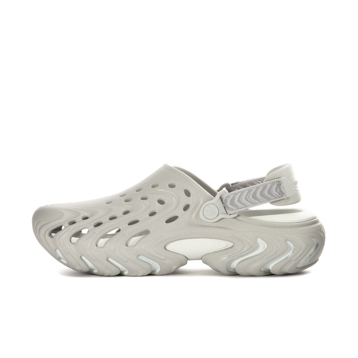 Mens white slip-on clog with perforated toe and side vents, adjustable heel strap