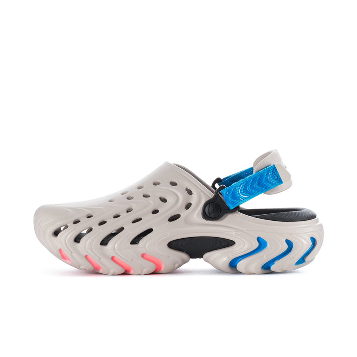 Men's white clog with blue adjustable strap, perforated holes, and multicolor tread