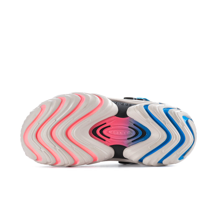 Men's clogs outsole view with wavy blue and pink tread pattern on white foam