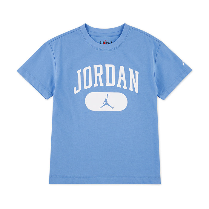 Youth blue graphic tee with Jordan lettering and jumpman oval print