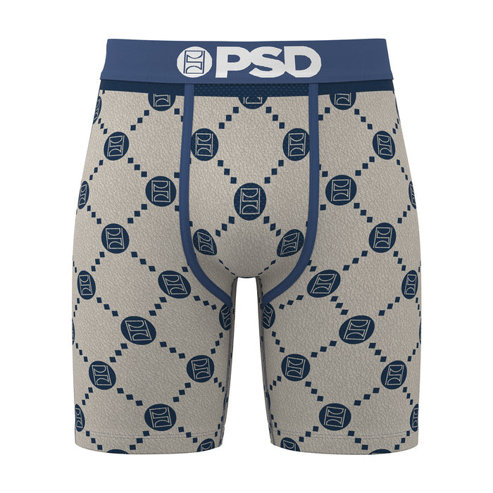 Men's beige boxer briefs with navy emblem pattern, blue waistband