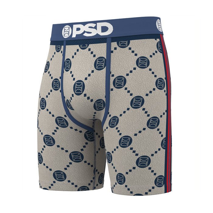 Men's beige boxer briefs with navy emblem pattern, blue waistband and red side trim