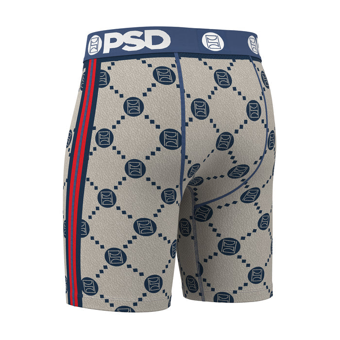 Men's beige boxer briefs with navy emblem pattern, blue waistband and red side stripe