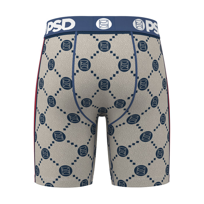 Men's beige boxer briefs with navy emblem pattern and blue waistband