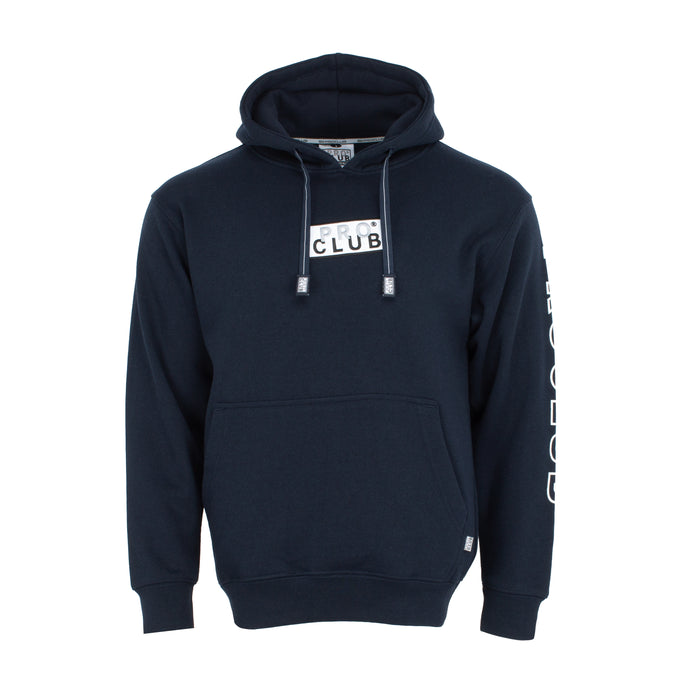 Navy men's pullover hoodie with embroidered box logo, hood drawstrings, kangaroo pocket
