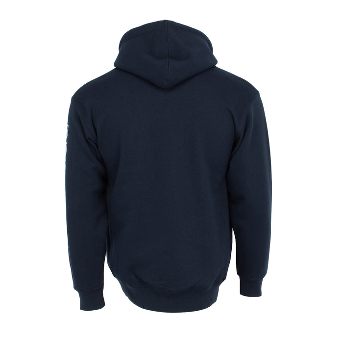 Navy pullover hoodie back view with hood and full-length sleeves