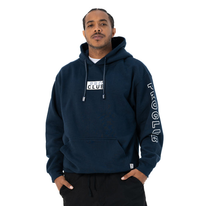 Navy hoodie with embroidered front box logo and hood drawstrings