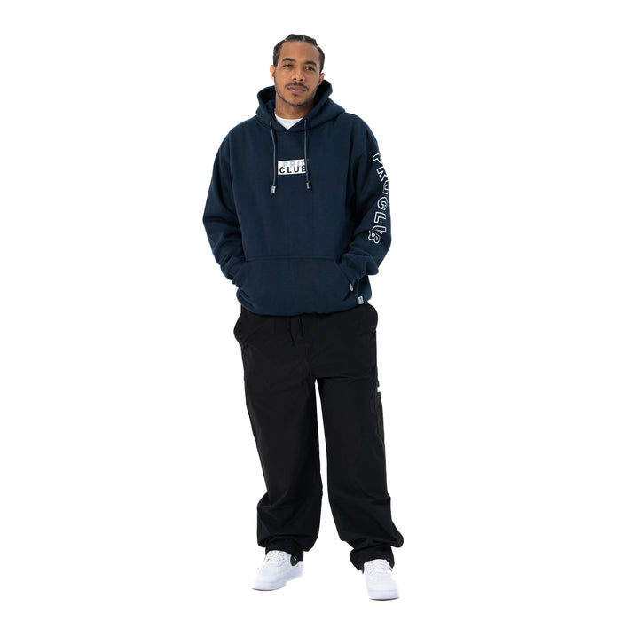 Navy hoodie with side sleeve graphic, hood drawstrings, kangaroo pocket