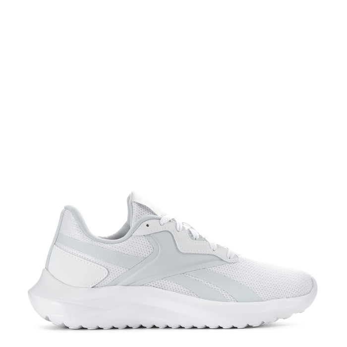 White women's lace-up sneakers side view with padded collar and mesh panels