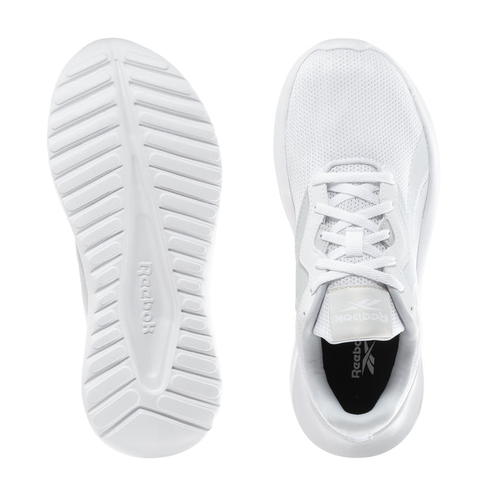 White sneakers soles and toe view; lace-up upper with Reebok logo on outsole