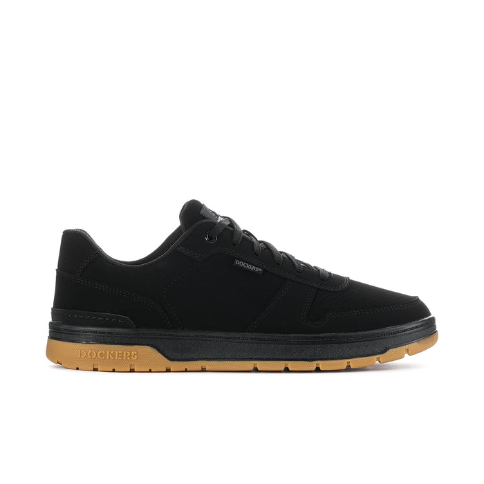 Men's black nubuck low-top sneakers with lace-up front and gum rubber outsole.