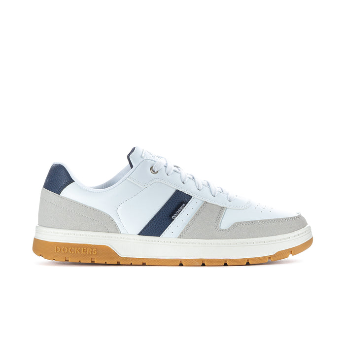 Men's low-top sneakers, white leather with navy stripe and gum rubber sole.