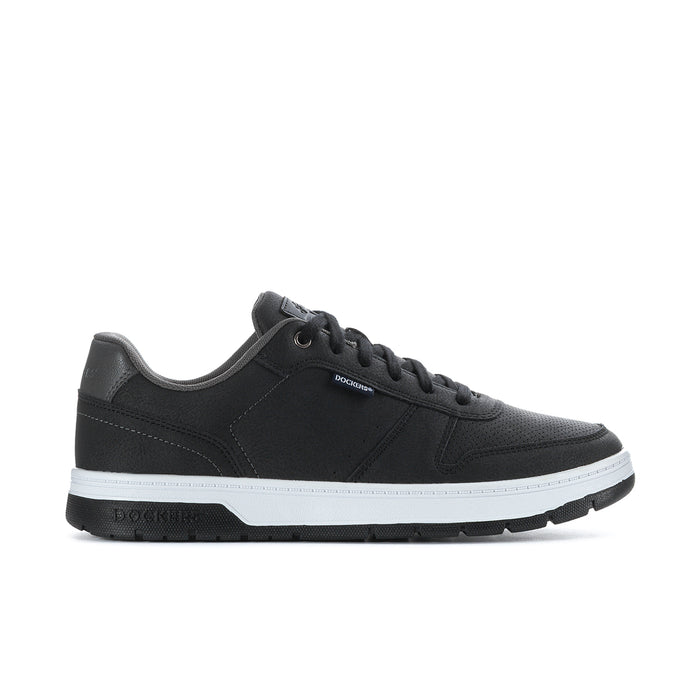 Black men’s low-top sneaker with lace-up front and white midsole