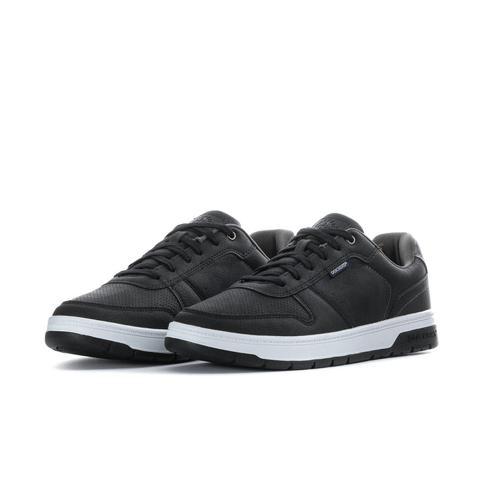 Black men’s low-top sneakers, lace-up design with white midsole
