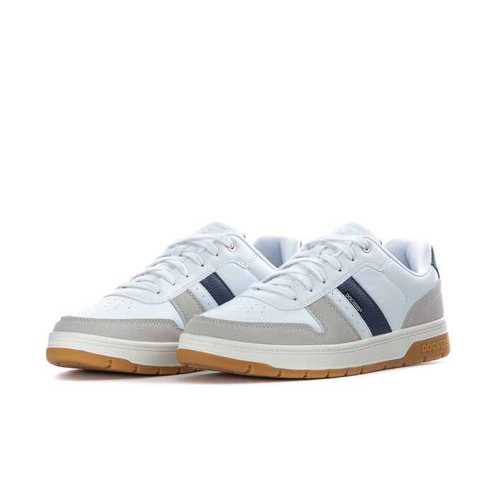 Men's low-top sneakers in white with navy side panels and gum-colored outsole.