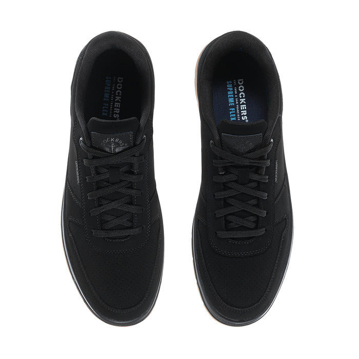 Pair of black lace-up sneakers showing interior and tongue branding.