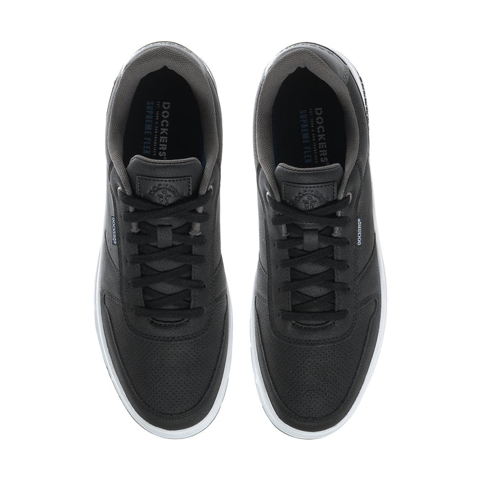 Black low-top sneaker pair with lace-up vamp and padded collar