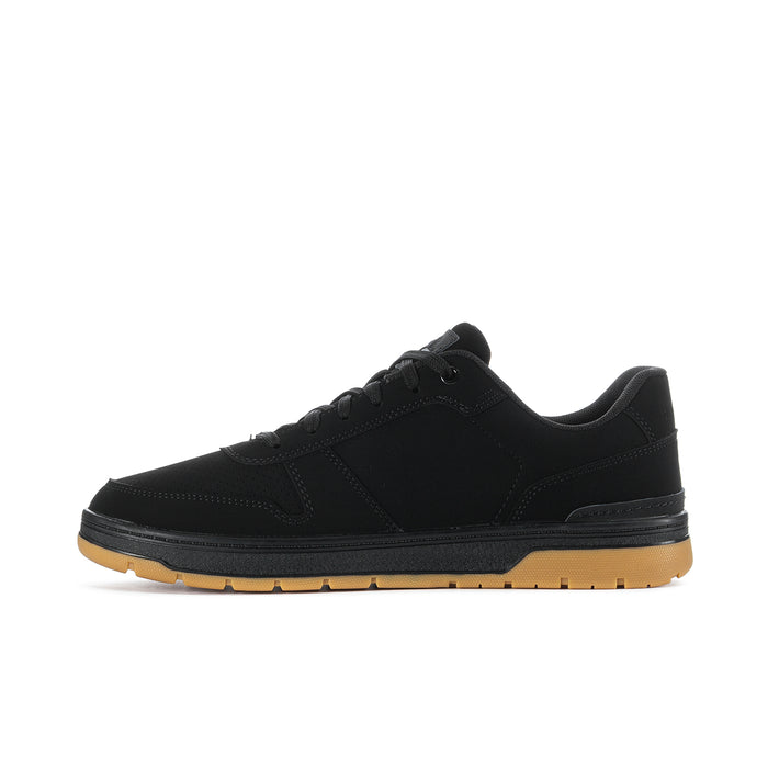 Black nubuck low-top sneaker with lace-up closure and gum outsole; side view.