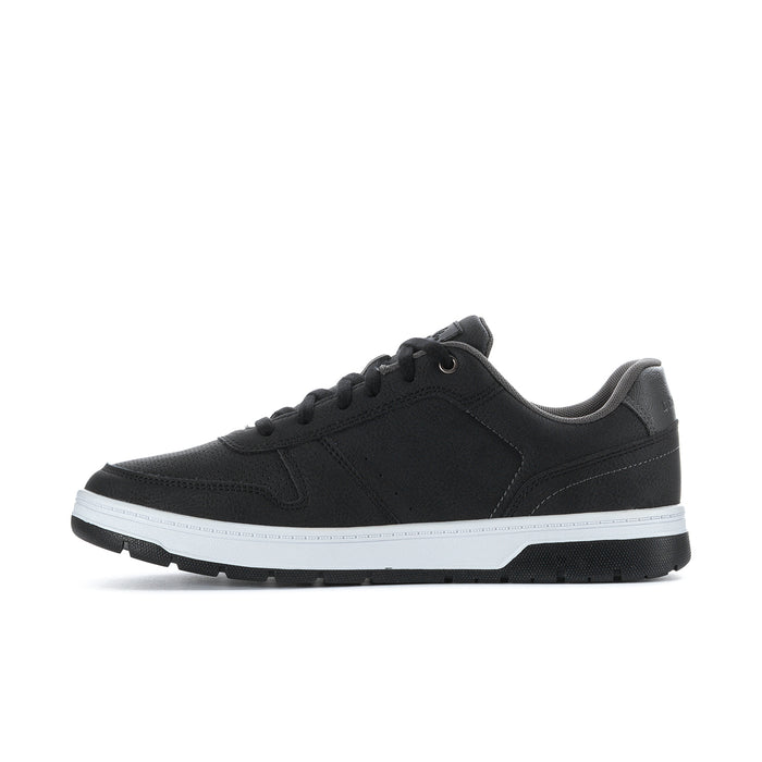 Black low-top lace-up sneaker with textured toe cap and white midsole