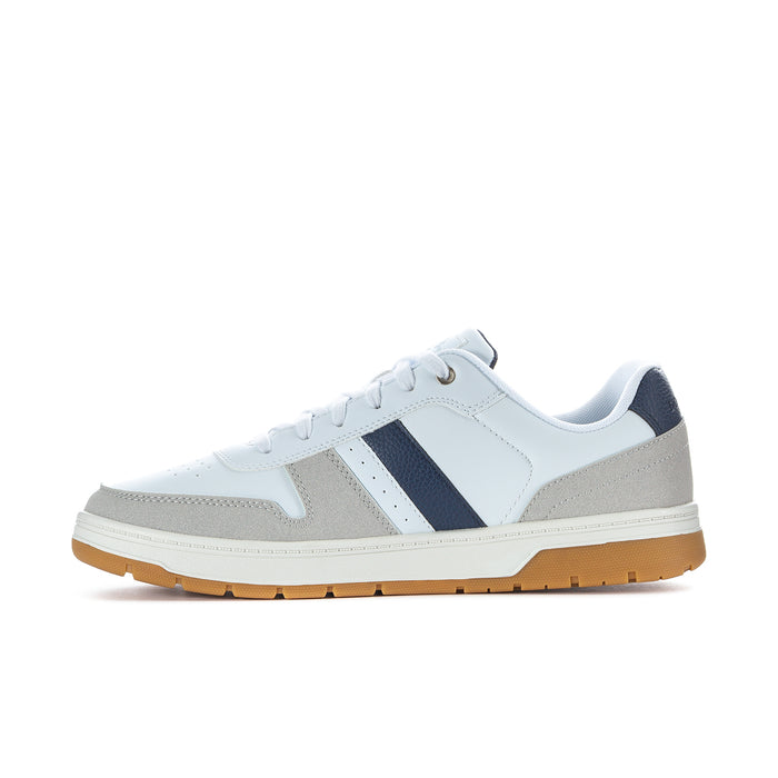 Men's white low-top sneakers with navy center stripe and tan/gum outsole.