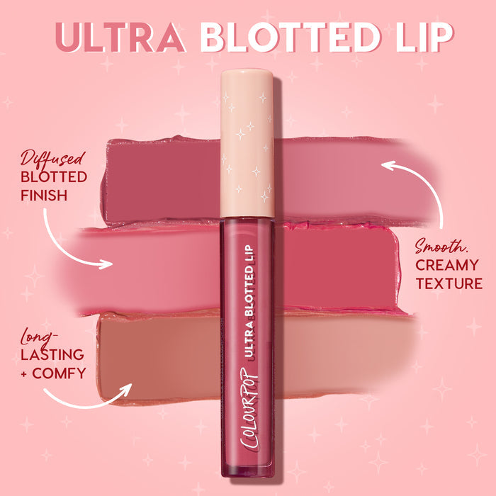 ColourPop Ultra Blotted Lip in Espresso Martini stands centered, slim tube with beige cap, while mauve and nude swatches behind it show a diffused blotted finish, smooth creamy texture, and long-lasting, comfy wear on a pink gradient backdrop.