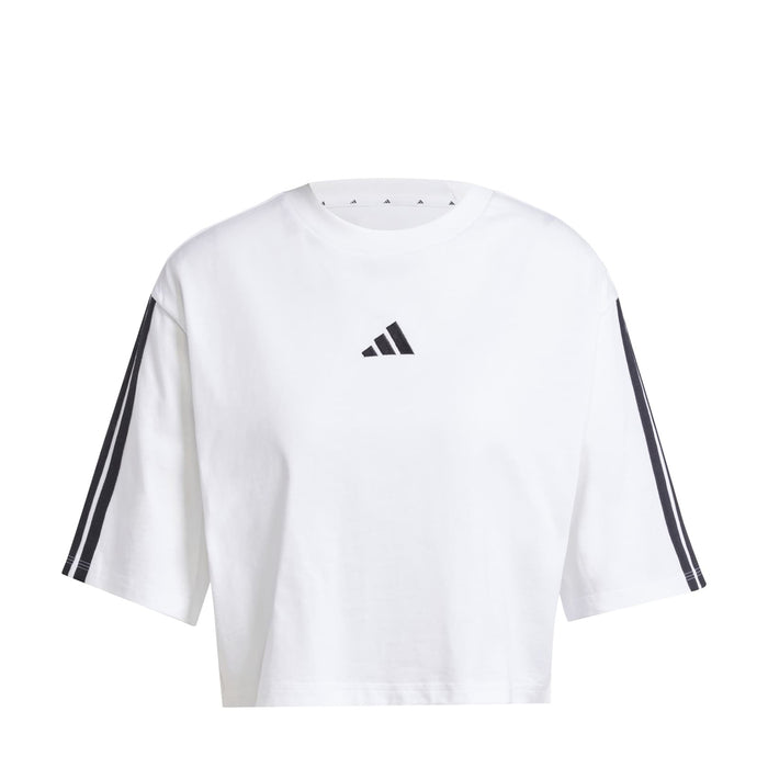 White women's loose t-shirt with black 3-stripe sleeves and small adidas logo