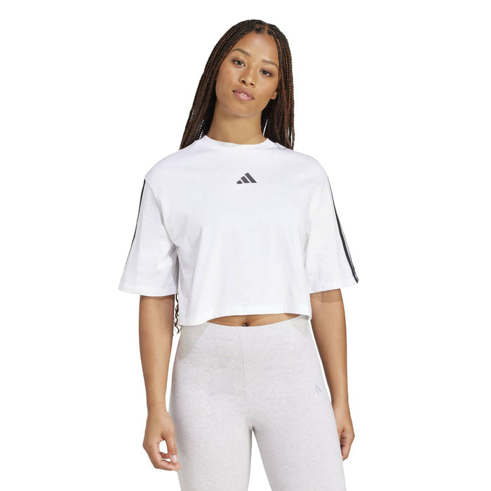 Women's loose white t-shirt with black 3-stripe sleeves and adidas logo, cropped hem
