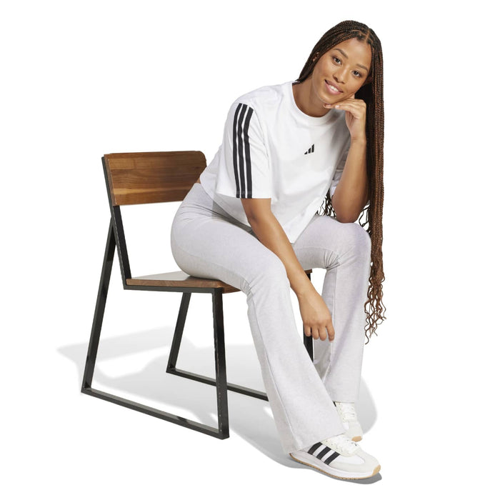 Women's loose white t-shirt with black 3-stripe sleeves and adidas logo