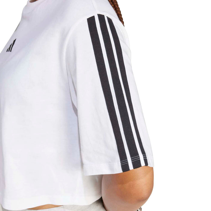 White loose t-shirt sleeve with black 3 vertical stripe detail