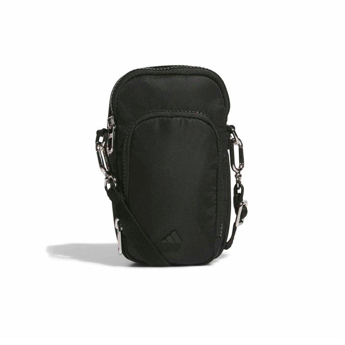 Black crossbody phone pouch with silver-tone chain straps and top zipper
