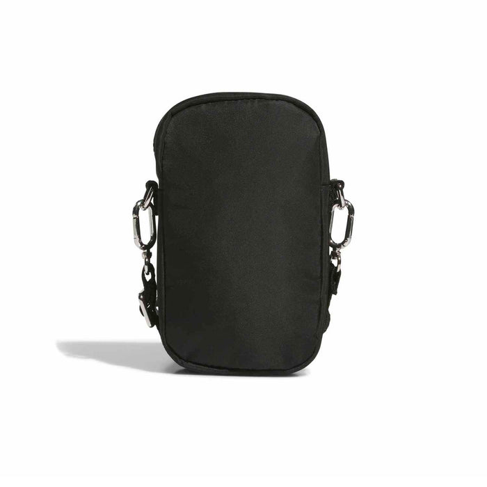 Black crossbody phone pouch with top zipper and side chain straps
