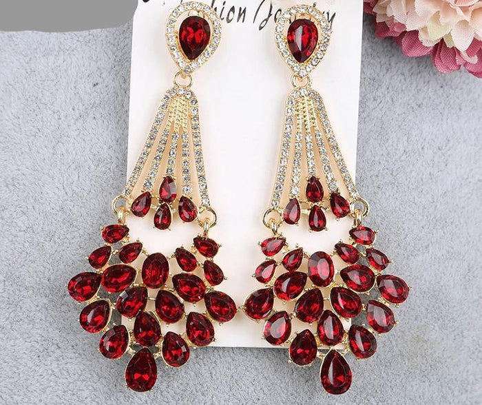 Exclusive Red Crystal Long Drop Dangle Chandelier Luxury Fashion Jewelry Bridal Earrings - EonShoppee