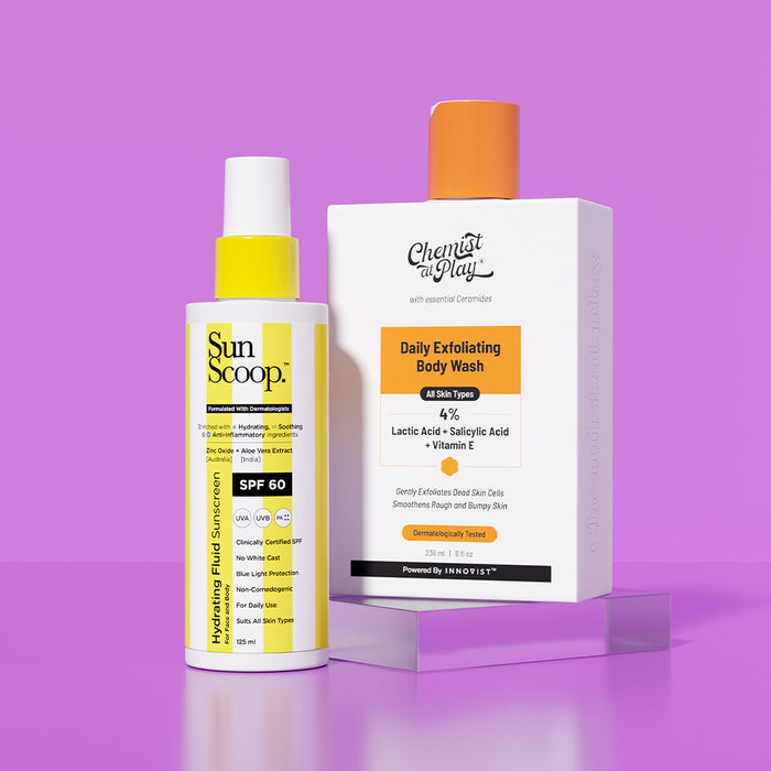 Exfoliate & protect Combo | Hydrating Fluid Sunscreen- 125ml & Daily Exfoliating Body Wash- 236ml