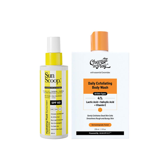 Exfoliate & protect Combo | Hydrating Fluid Sunscreen- 125ml & Daily Exfoliating Body Wash- 236ml