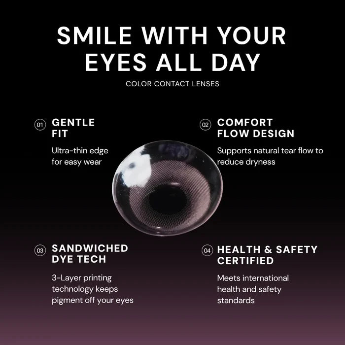 EyeCandys Limited Edition Amelie Sakura Jelly Pink lens is featured on a black background, surrounded by four benefits: gentle fit, comfort flow design, sandwiched dye tech, and health & safety certified—each described in white text.