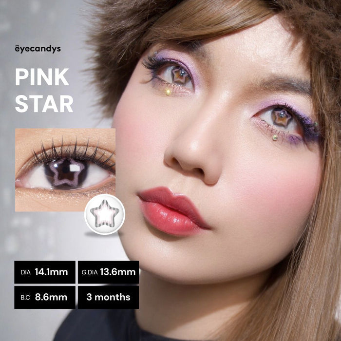 A close-up of a person wearing EyeCandys Pink Star pastel contacts with star designs and pink makeup. Inset shows lens details: DIA 14.1mm, G.DIA 13.6mm, B.C. 8.6mm, usable for 3 months by EyeCandys.