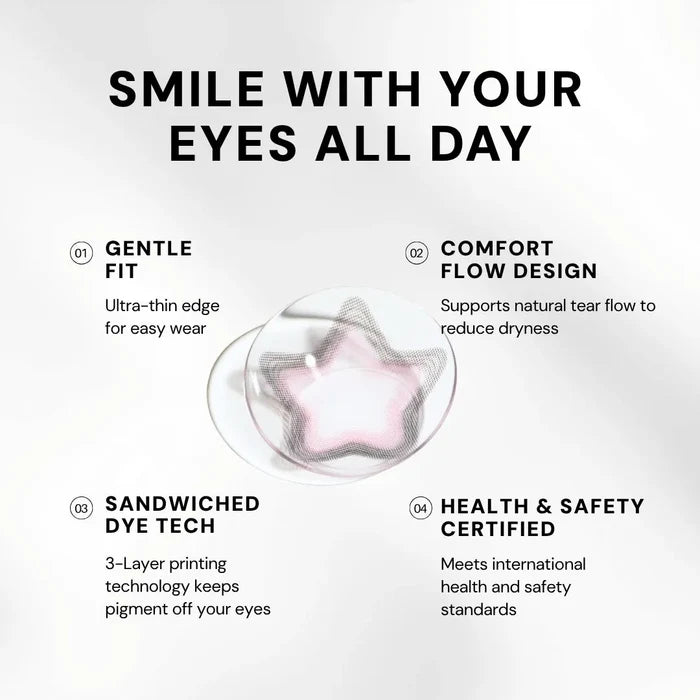 EyeCandys Pink Star by EyeCandys is a pastel pink star contact lens on a white background, featuring Gentle Fit, Comfort Flow Design, Sandwiched Dye Tech, and Health & Safety Certification—ideal for pastel or doll-eye looks.
