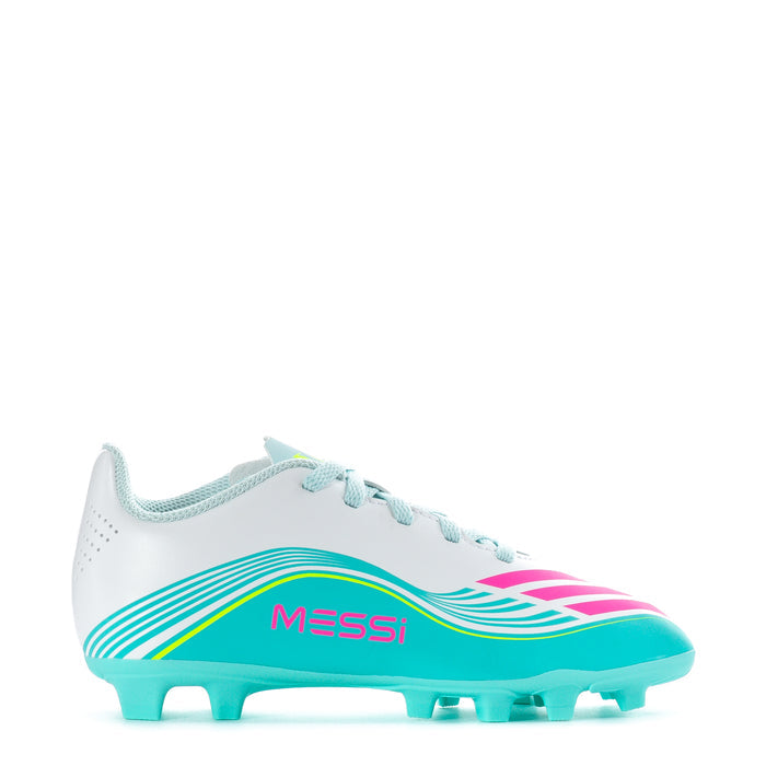 Kids soccer cleat in white with aqua sole, pink and teal Messi graphic on side