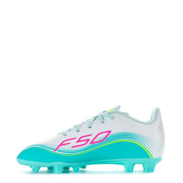 Kids soccer cleat, white upper with teal sole and F50 stripes, aqua studs