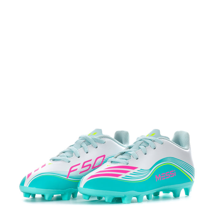 Kids soccer cleats with white uppers, teal outsole, pink F50 logo and Messi text