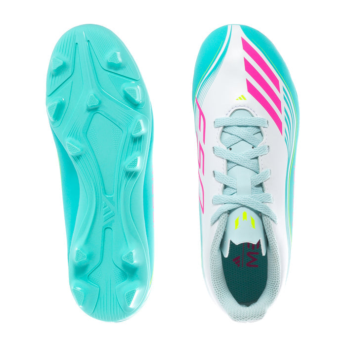 Kids soccer cleats, outsole view: teal studs with light gray uppers and lace-up
